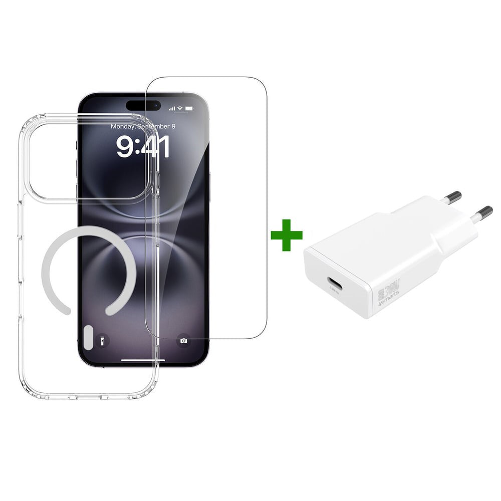 iPhone 18 Pro Max / 17 Pro Max 4Smarts 3-in-1 Premium Starter Set - MagSafe Case, Screen Protector & 20W Wall Charger - Transparent / White