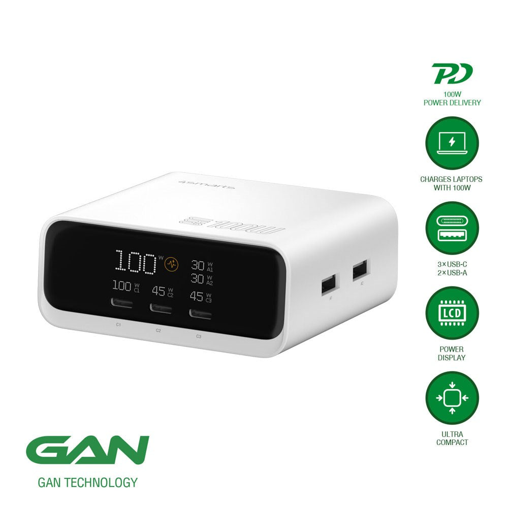 4smarts GaN Desktop Charger with Display - 100W / 3x USB-C & 2x USB-A - White