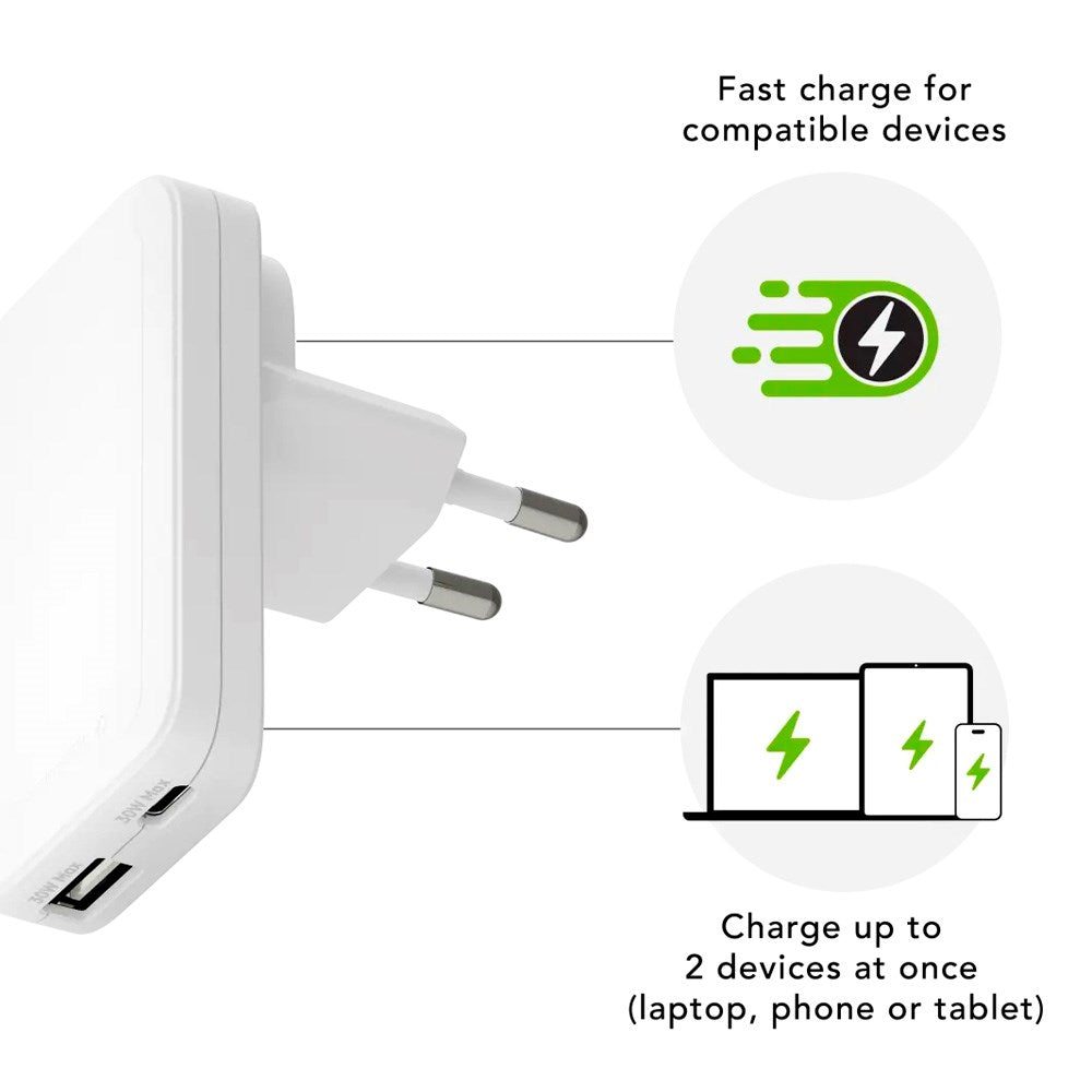 dbramante1928 Slim Wall Charger with 1x USB-C 30W & 1x USB-A 30W - White