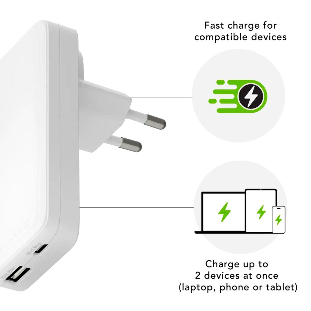 dbramante1928 Slim Wall Charger with 1x USB-C 65W & 1x USB-A 30W - White