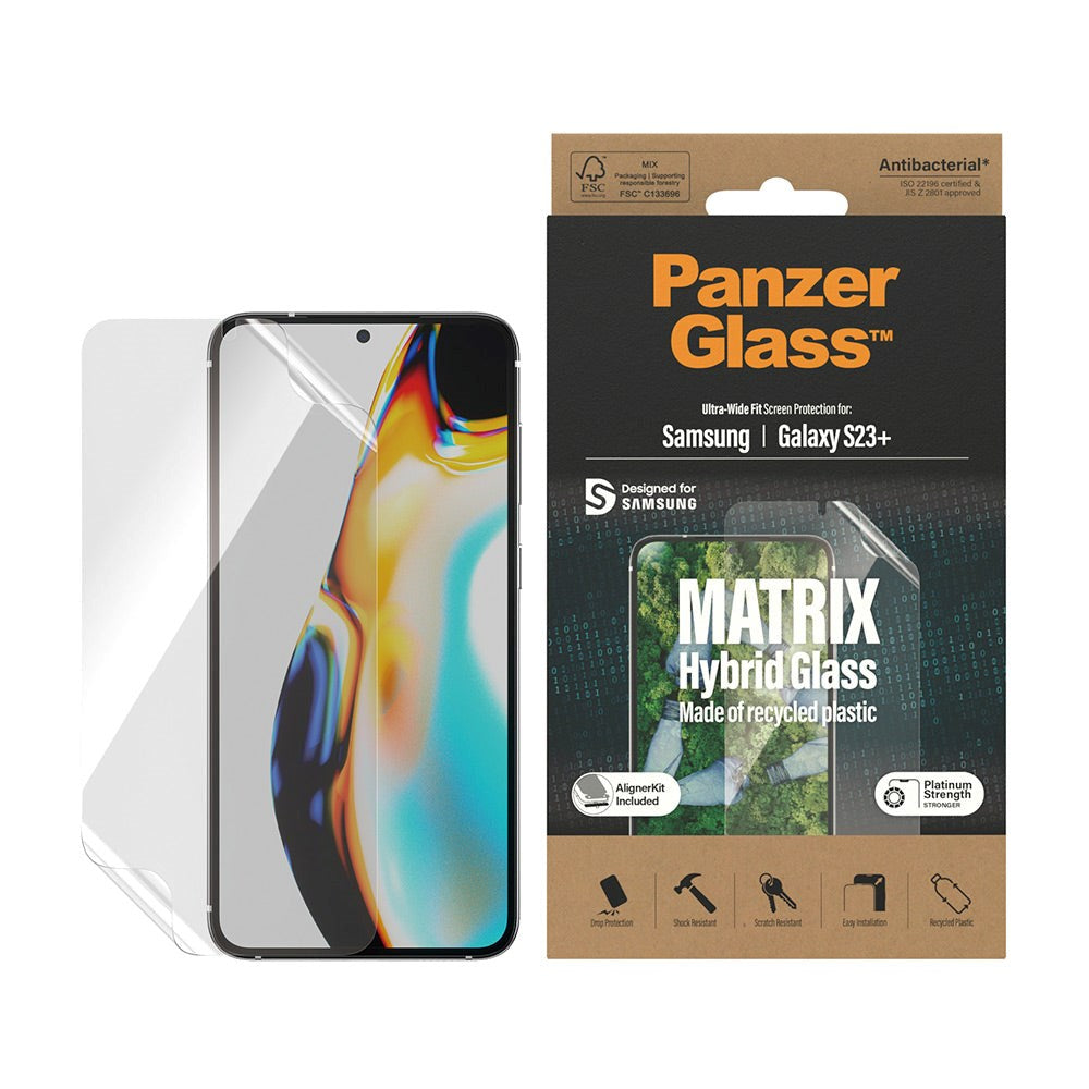 Samsung Galaxy S23+ (Plus) PanzerGlass Matrix Hybrid Glass AntiBacterial Ultra Wide Fit Screen Protector - AlignerKit - Platinum Strength - Transparent