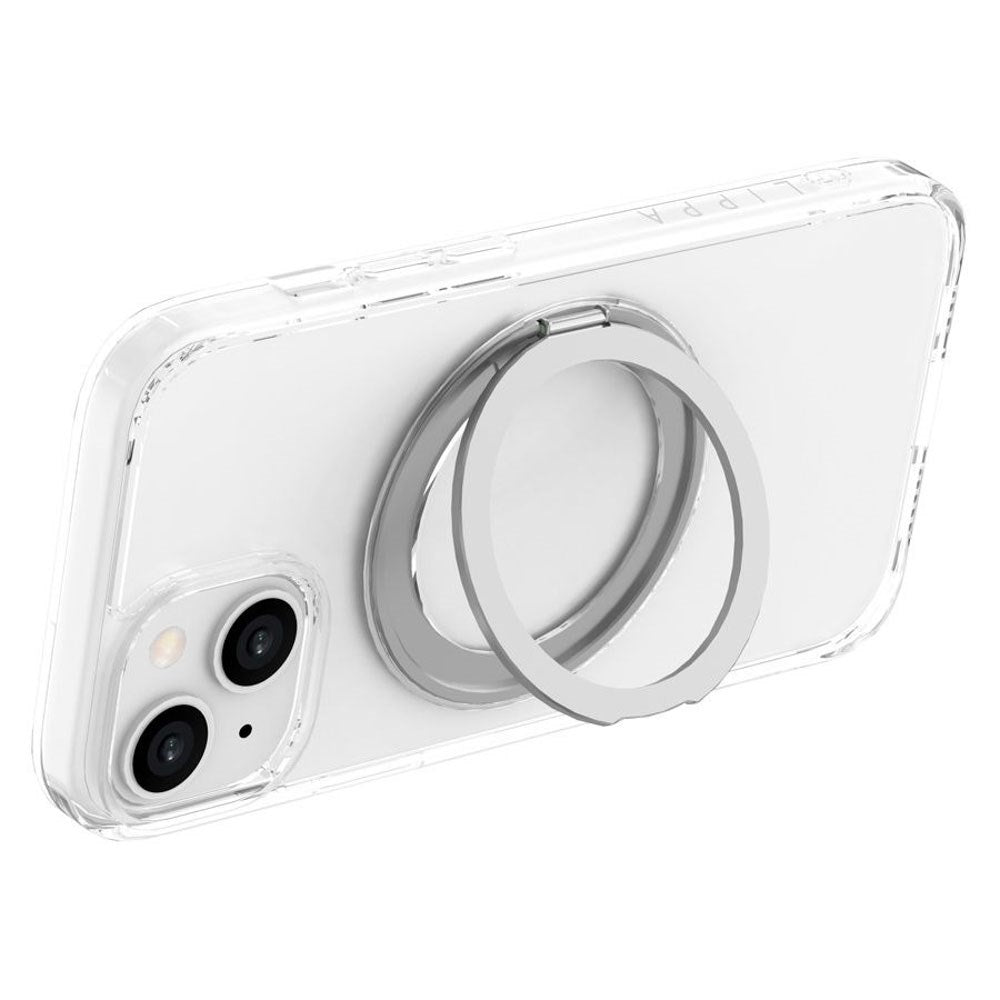 iPhone 15 Lippa Hybrid Plastic Case with 360 Rotating Kickstand - MagSafe Compatible - Transparent / Silver