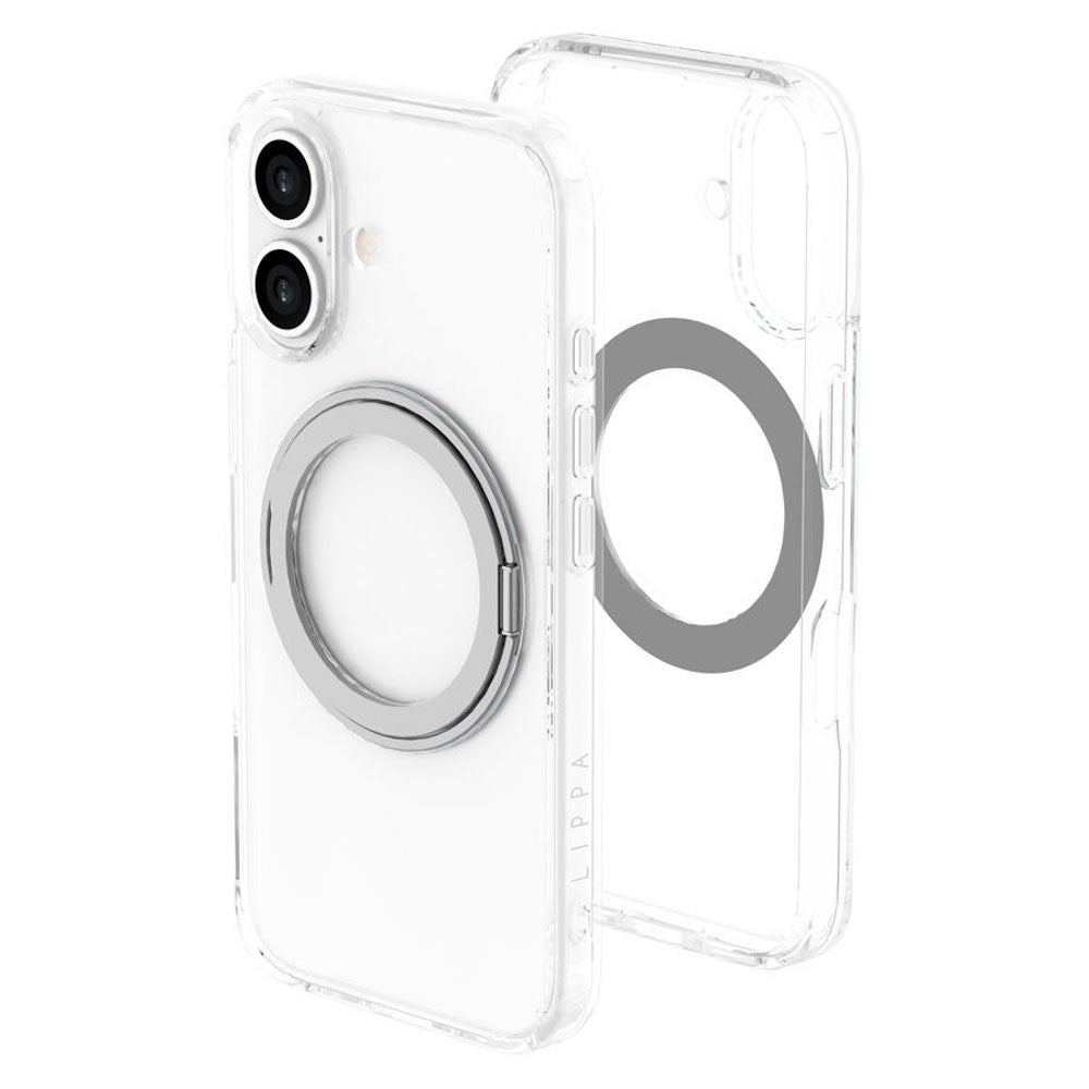 iPhone 16 Lippa Hybrid Plastic Case with 360 Rotating Kickstand - MagSafe Compatible - Transparent / Silver