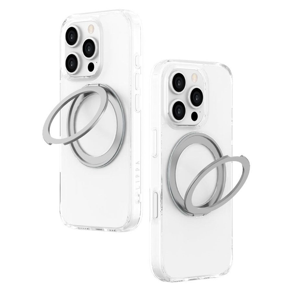 iPhone 16 Pro Lippa Hybrid Plastic Case with 360 Rotating Kickstand - MagSafe Compatible - Transparent / Silver