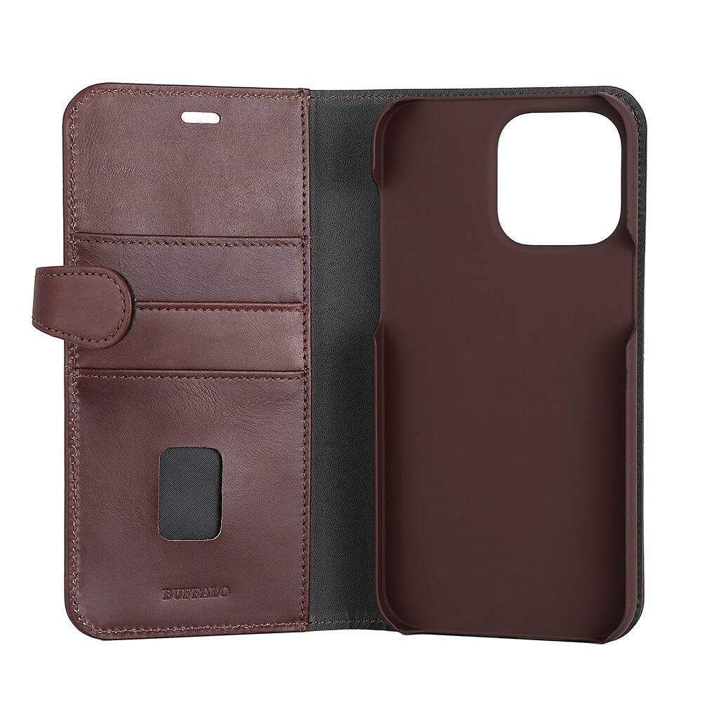 iPhone 14 Pro Max Buffalo Wallet Genuine Leather Magnet Wallet Case - Brown