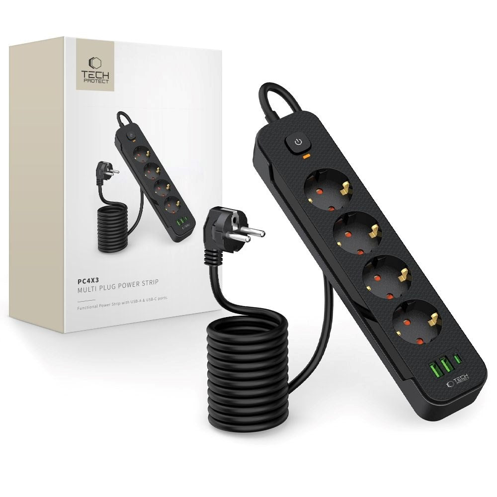 Tech-Protect Multifunctional Power Strip with 4 x Outlets / 2 x USB-A / 1 x USB-C - 2m - Black