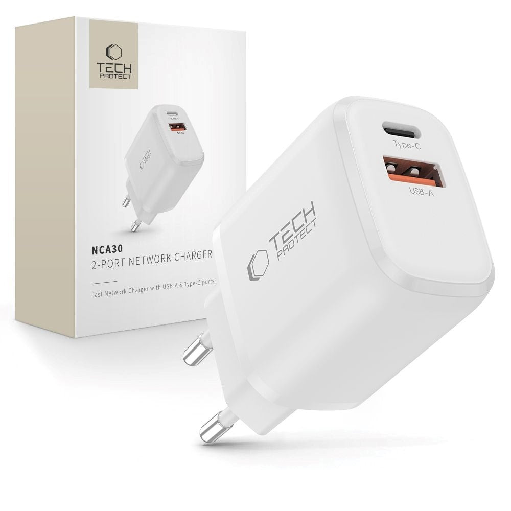 Tech-Protect NCA30 Wall Charger with 30W - 1 x USB-A & 1 x USB-C - White
