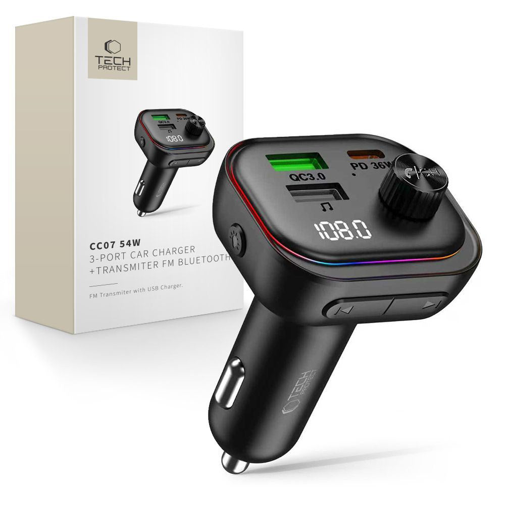 Tech-Protect Car Charger w. USB-A & USB-C / FM Bluetooth Transmitter - Black