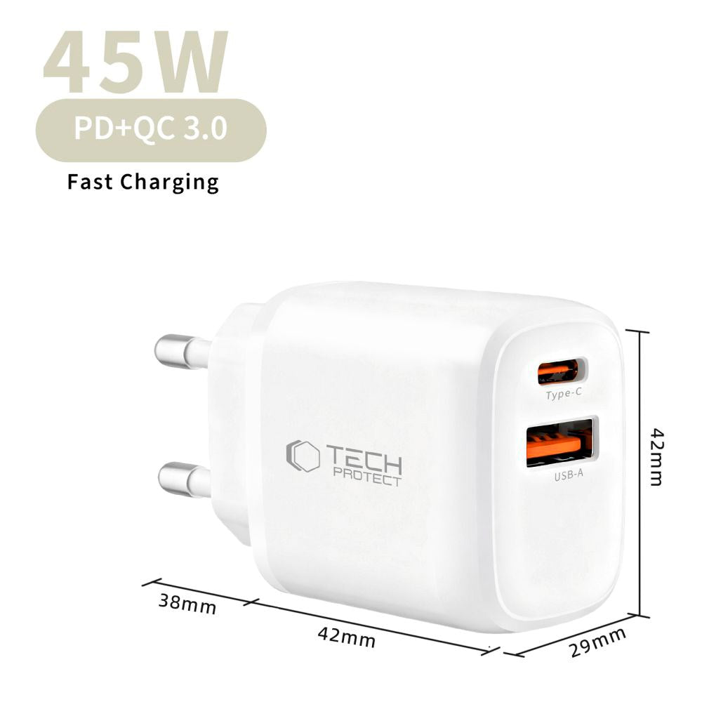 Tech-Protect 45W Wall Charger with Lightning Cable - 1 x USB-C & 1 x USB-A - White