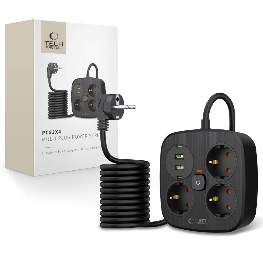 Tech-Protect Multifunctional Power Strip with 3 x Outlets / 2 x USB-A / 2 x USB-C - 2m - Black