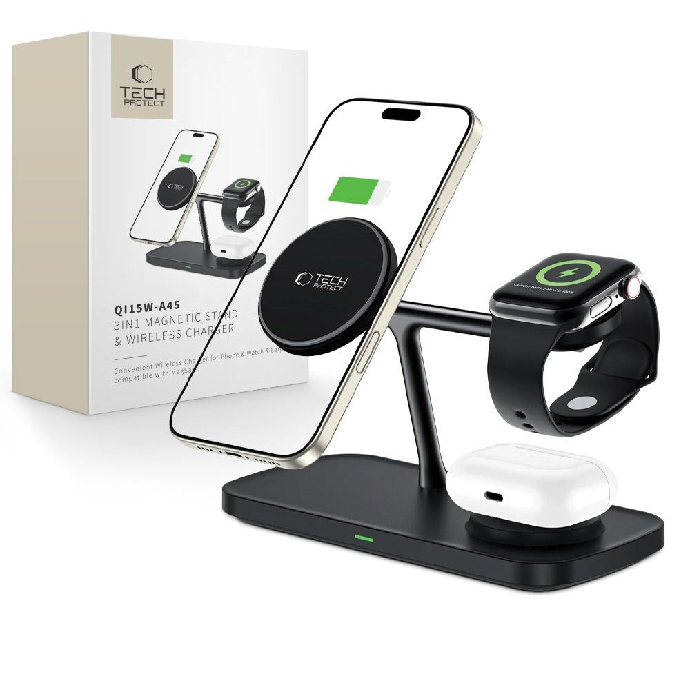 Tech-Protect 15W 3-in-1 Magnetic Wireless Charger - Qi2 / MagSafe Compatible - Black