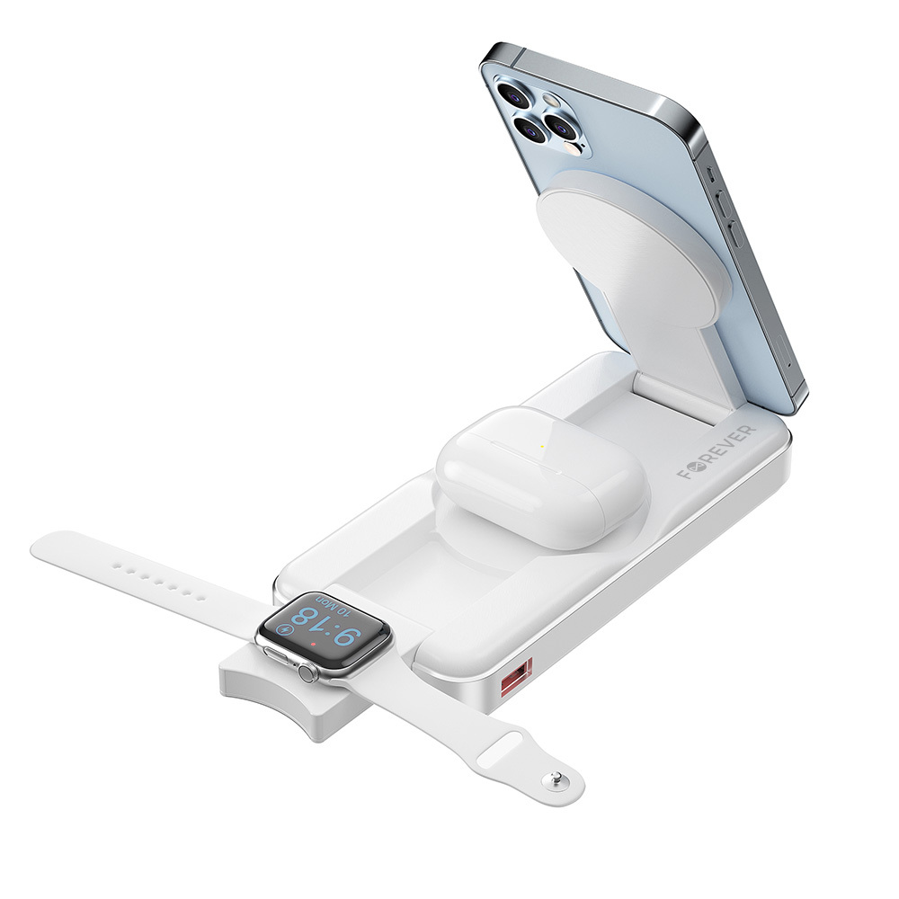 Forever MATB-300 3-in-1 Magnetic Wireless PowerBank - 10.000 mAh - MagSafe Compatible - White