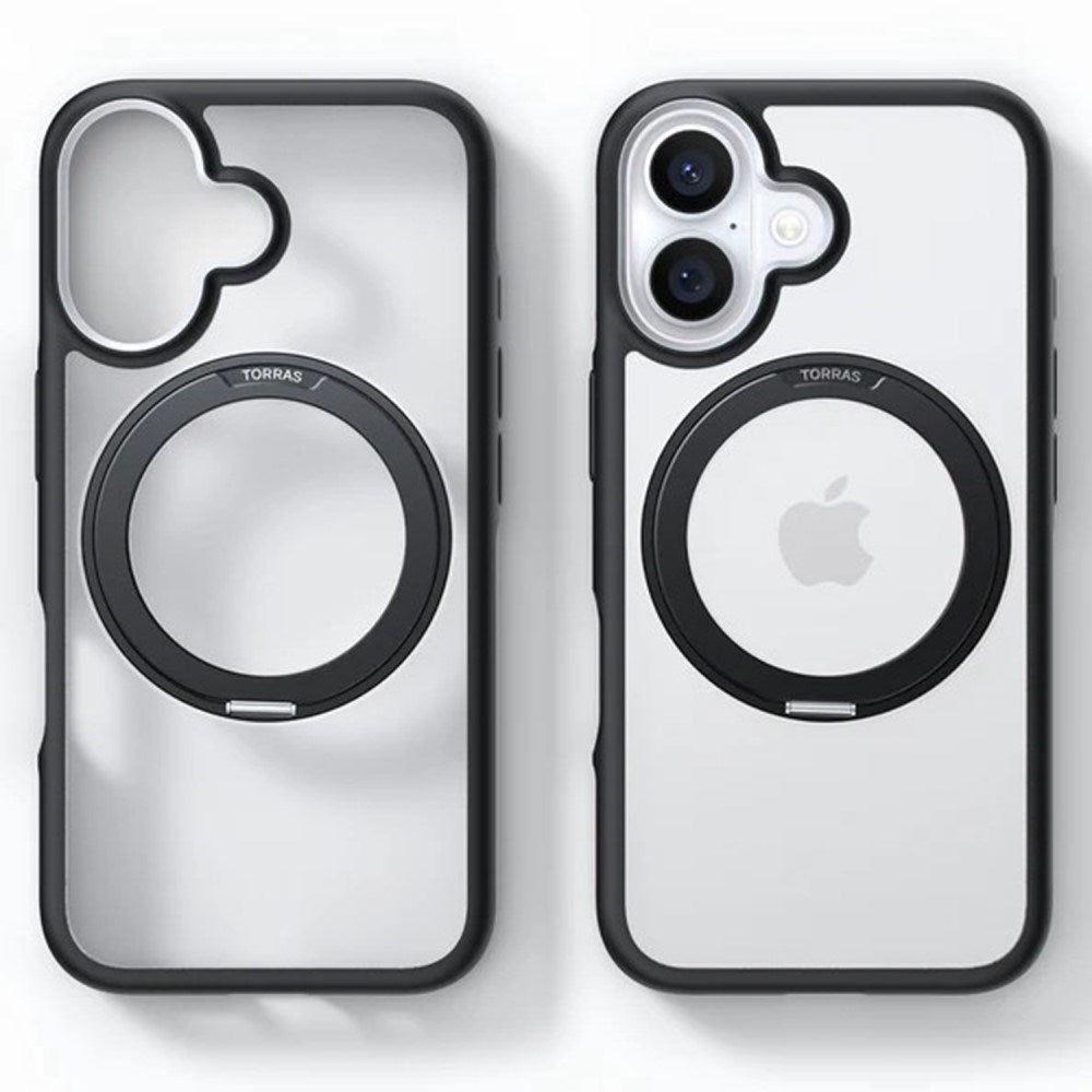 TORRAS iPhone 16 Hybrid Plastic Case with Rotatable Kickstand Ring - MagSafe Compatible - Transparent / Black