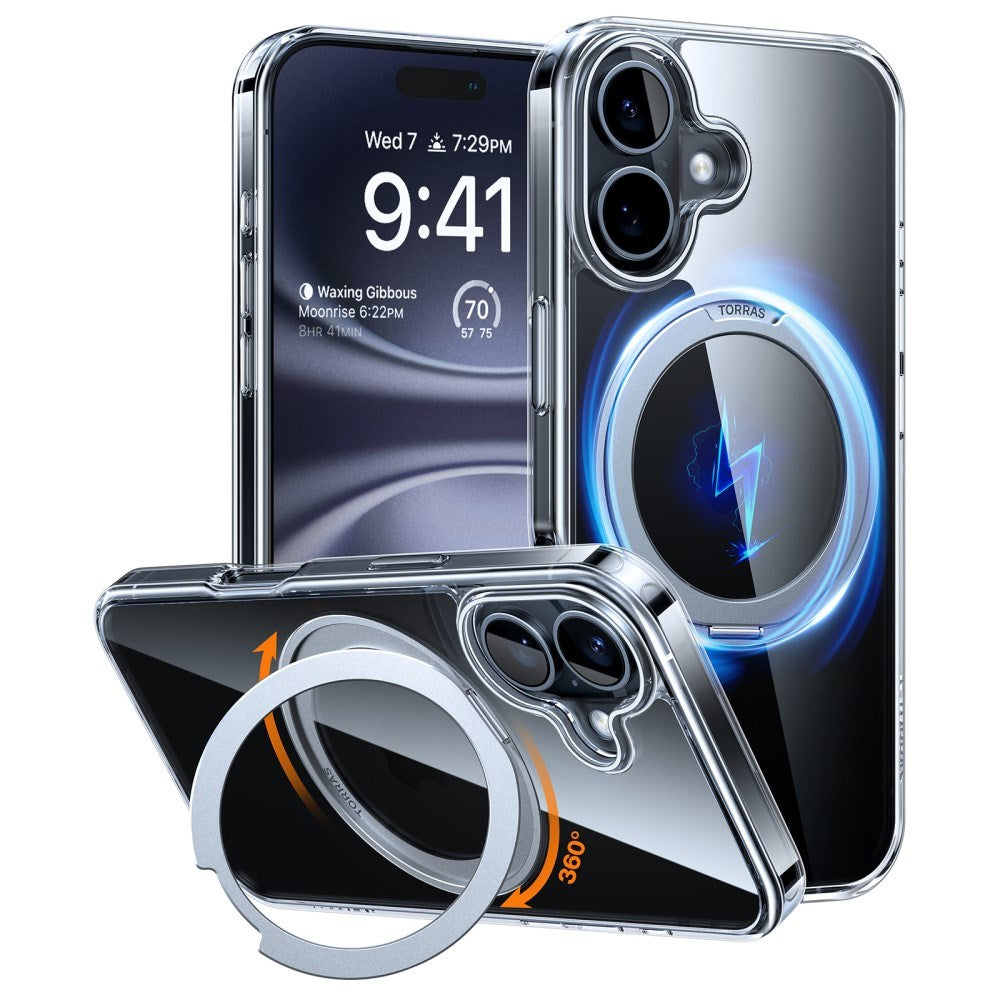 TORRAS iPhone 16 Flexible Plastic Case with Ring Kickstand - MagSafe Compatible - Transparent