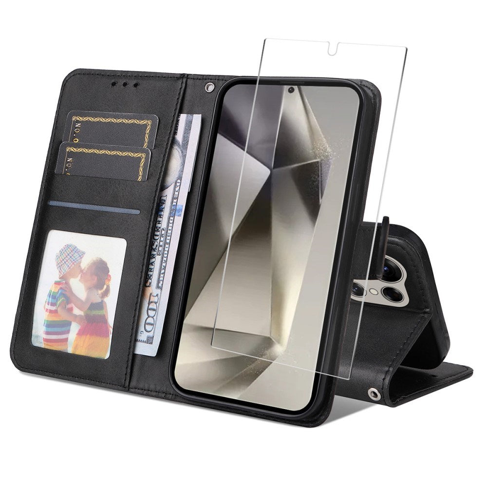 EIDERWOOD Samsung Galaxy S25 Ultra 2-in-1 Faux Leather Flip Case with Screen Protector Glass - Black