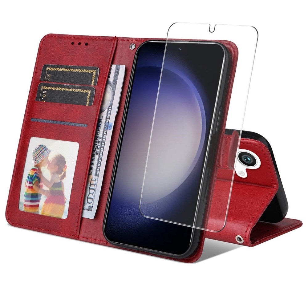 EIDERWOOD Samsung Galaxy S25 / S24 2-in-1 Faux Leather Flip Case with Screen Protector Glass - Red