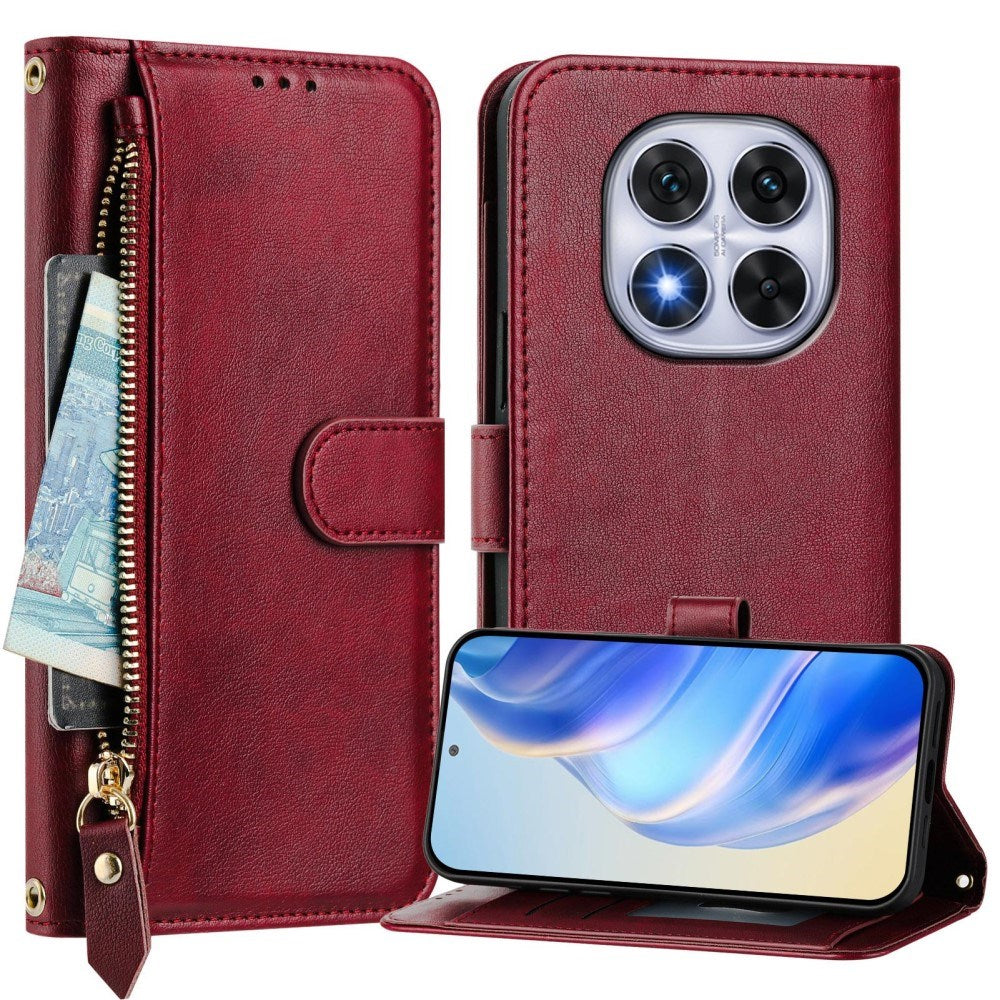 EIDERWOOD Xiaomi Redmi Note 14 Pro+ / 14 Pro (5G) Flip Case with Card Holder for 6 Cards & Zipper Pocket - Red