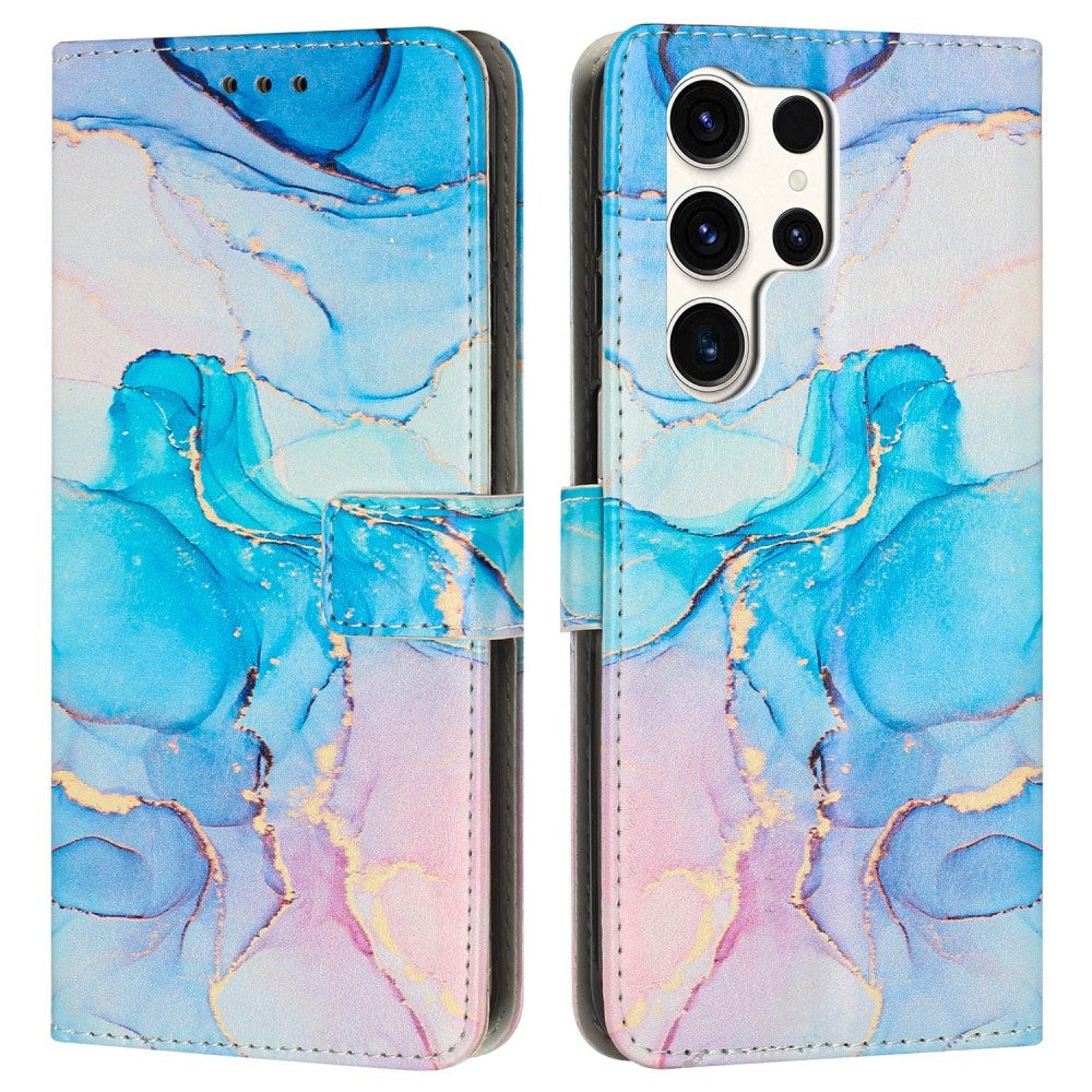 EIDERWOOD Samsung Galaxy S25 Ultra Marble Patterned Faux Leather Flip Case with Strap - Blue