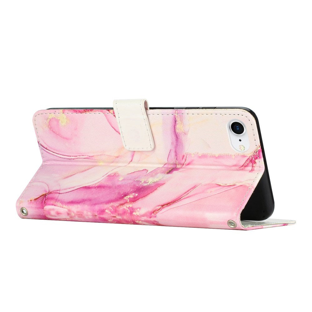 EIDERWOOD iPhone 16e Faux Leather Flip Case with Wallet & Strap - Marble Design - Pink