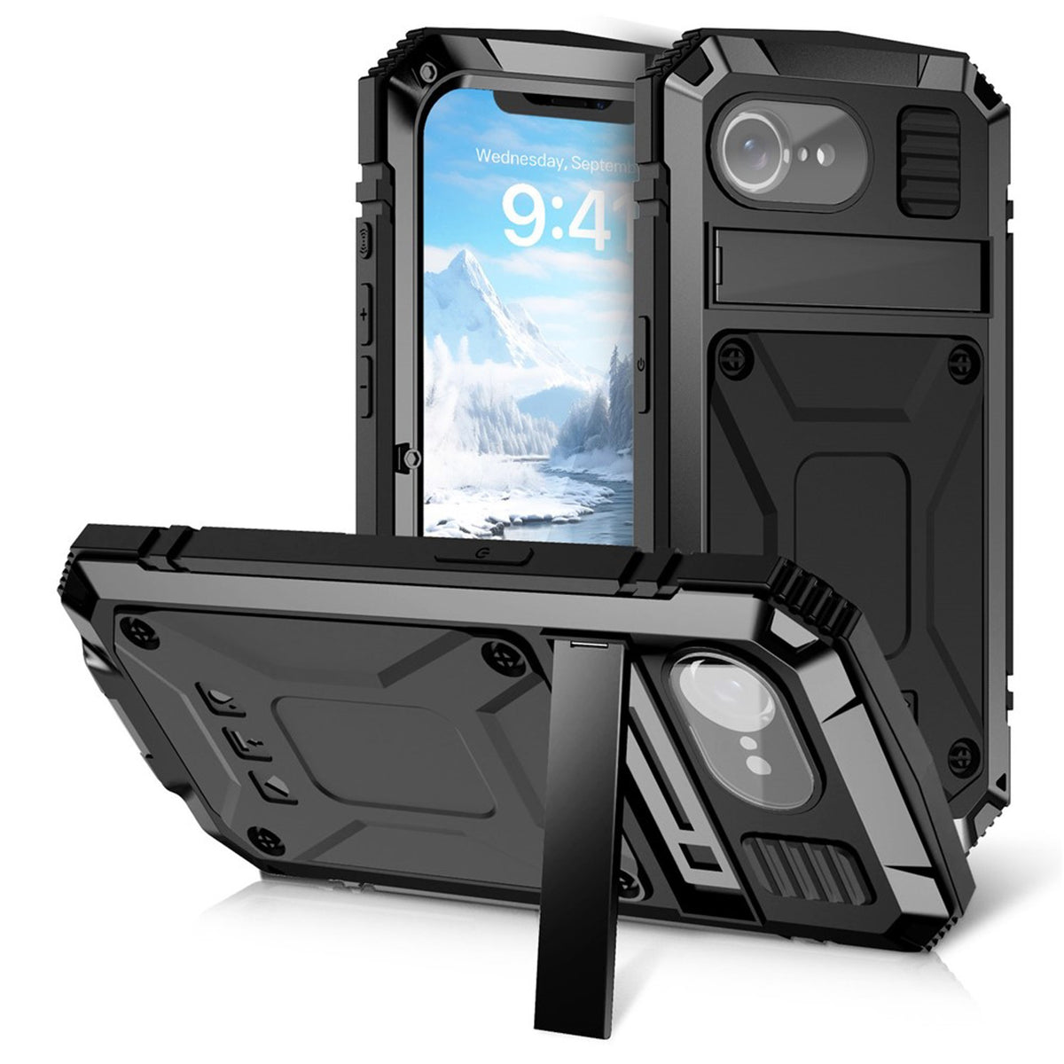 iPhone 17e / 16e R-JUST Hybrid Rugged Case with Built-In Screen Protector & Kickstand - Black