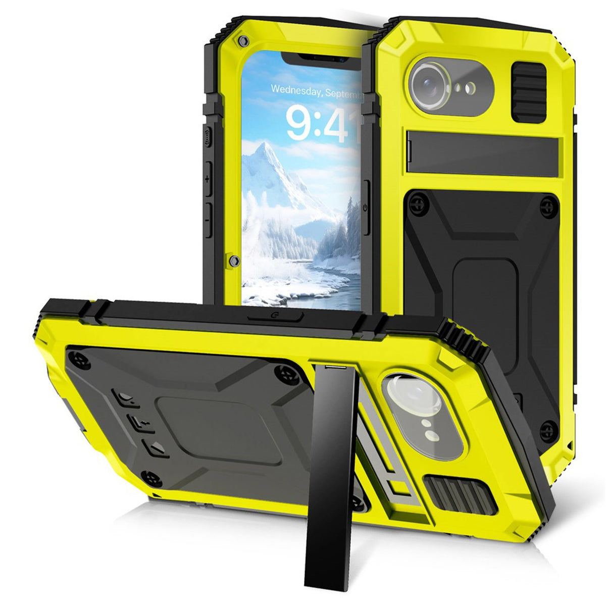 iPhone 17e / 16e R-JUST Hybrid Rugged Case with Built-In Screen Protector & Kickstand - Yellow