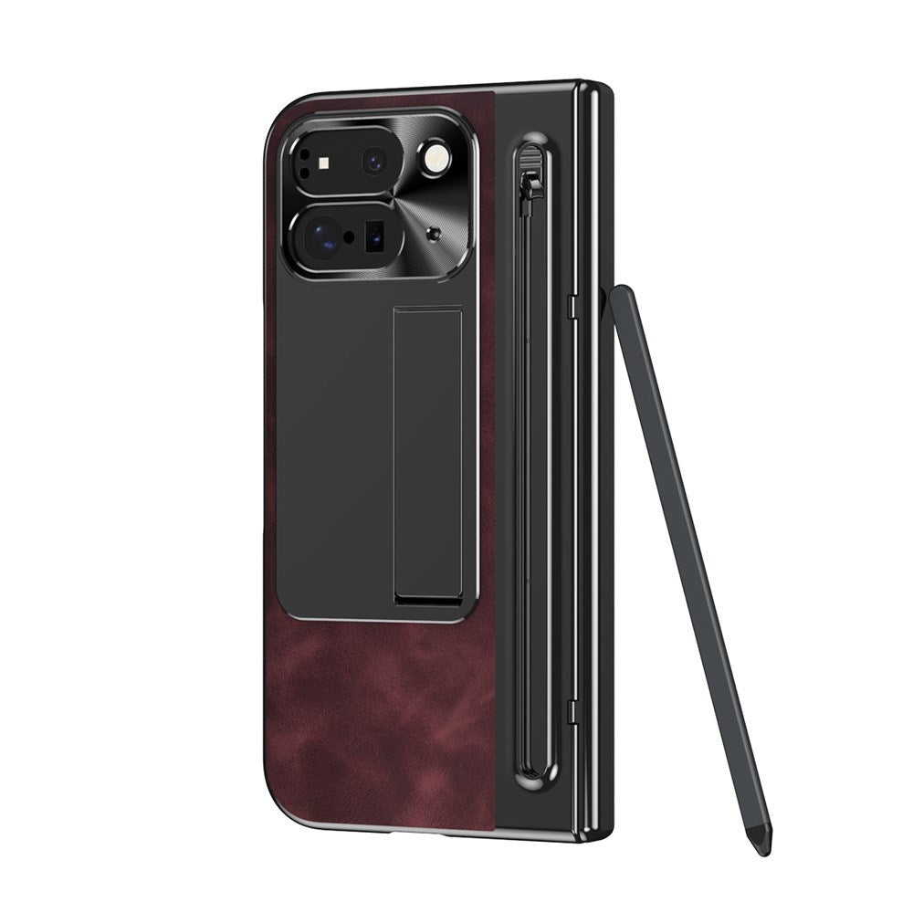 EIDERWOOD Google Pixel 10 Pro Fold Case with Faux Leather Back - Kickstand - Stylus Holder - Black / Wine Red