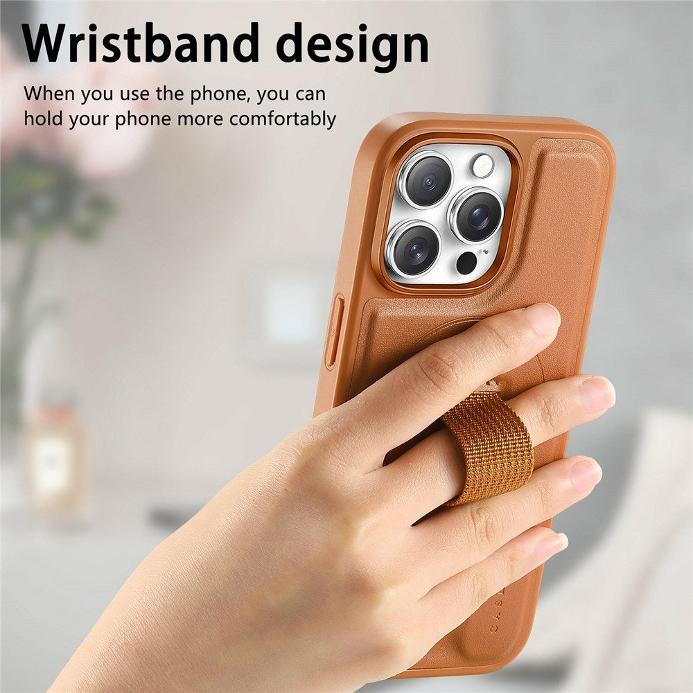 iPhone 16 Pro Hard Plastic Case with Faux Leather Back & Finger Strap - MagSafe Compatible - Brown