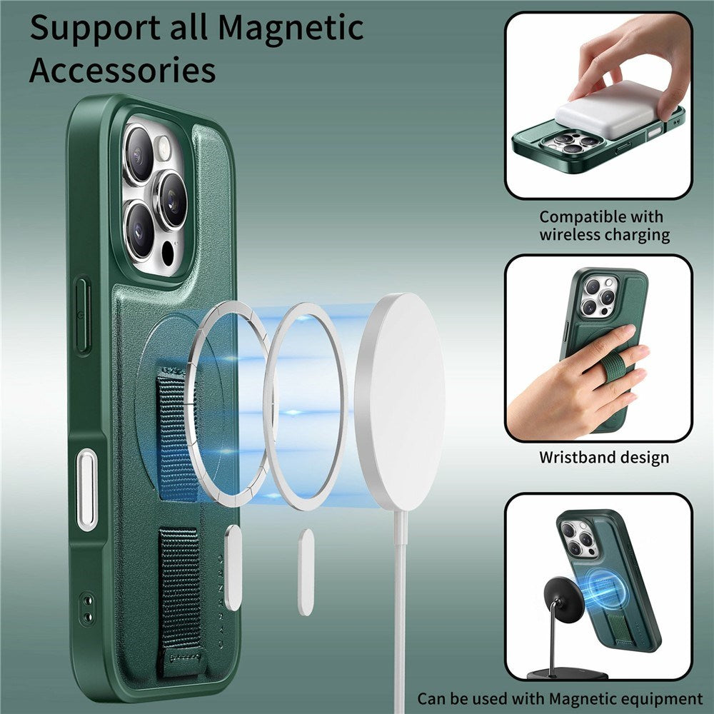 iPhone 16 Pro Hard Plastic Case with Faux Leather Back & Finger Strap - MagSafe Compatible - Green