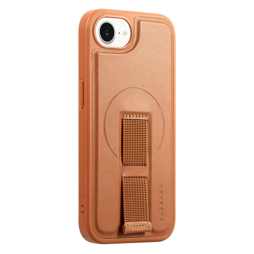 iPhone 16e Hard Plastic Case with Faux Leather Back & Finger Strap - MagSafe Compatible - Brown