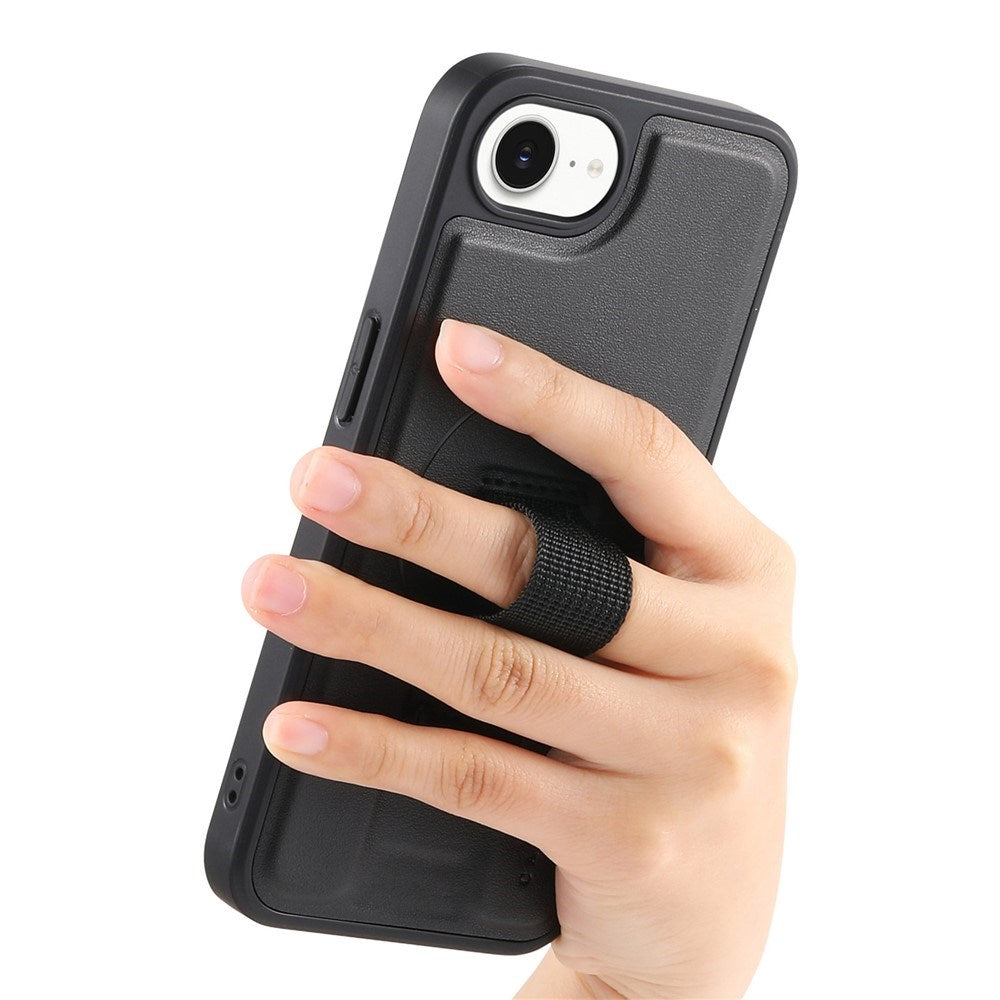 iPhone 16e Hard Plastic Case with Faux Leather Back & Finger Strap - MagSafe Compatible - Black