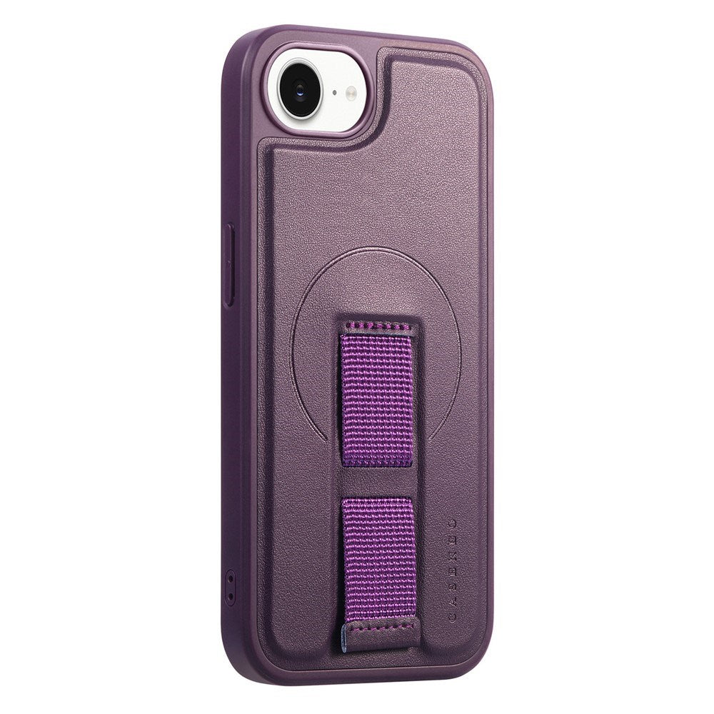 iPhone 16e Hard Plastic Case with Faux Leather Back & Finger Strap - MagSafe Compatible - Purple