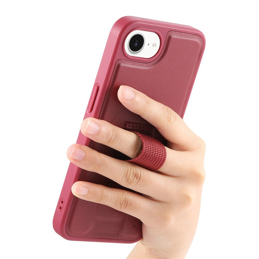 iPhone 16e Hard Plastic Case with Faux Leather Back & Finger Strap - MagSafe Compatible - Red