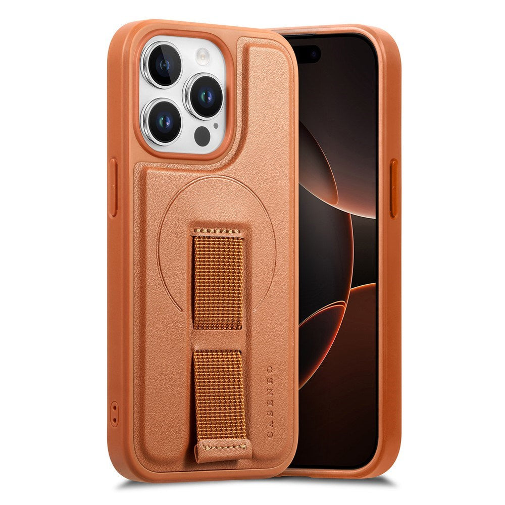 iPhone 13 Pro Hard Plastic Case with Faux Leather Back & Finger Strap - MagSafe Compatible - Brown