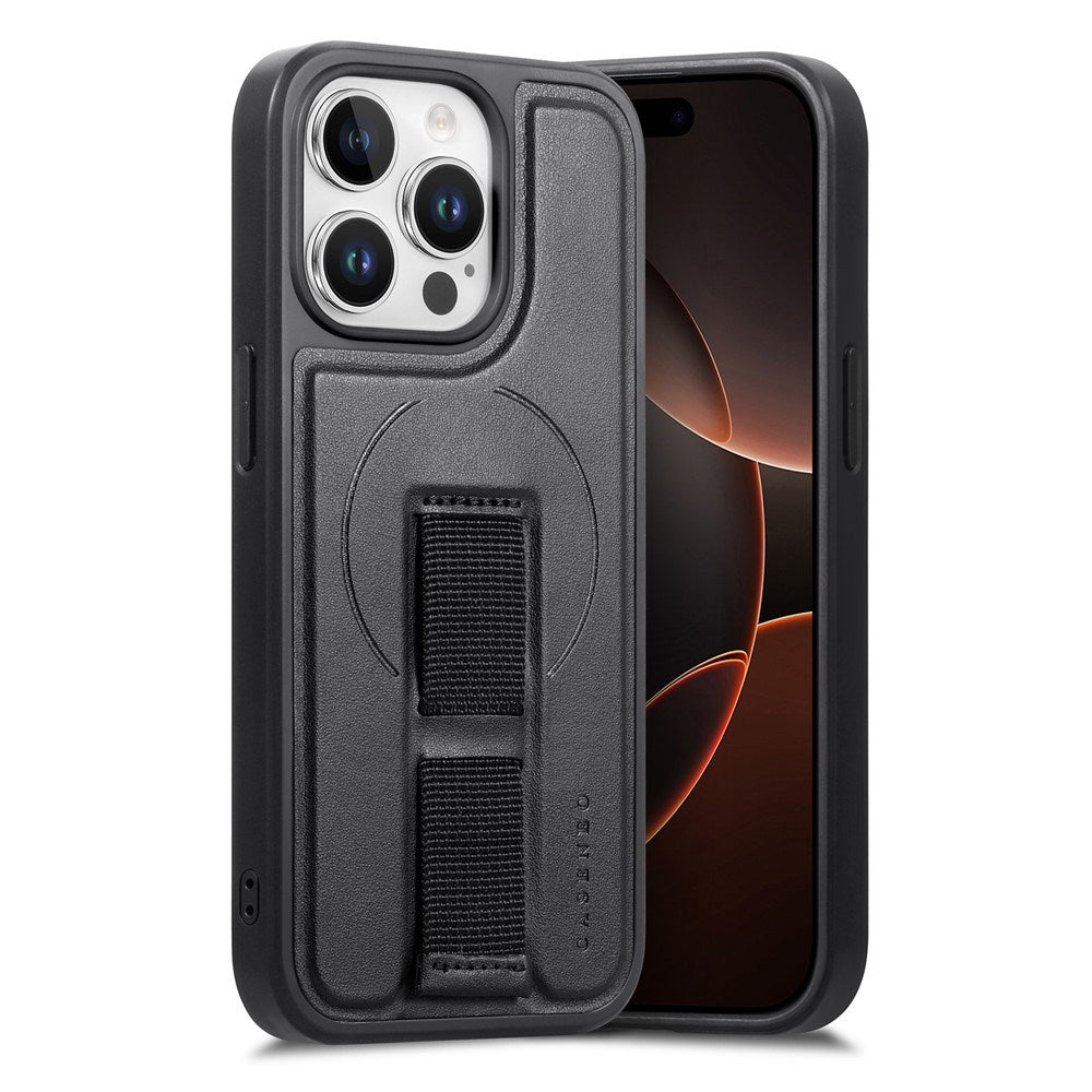 iPhone 13 Pro Hard Plastic Case with Faux Leather Back & Finger Strap - MagSafe Compatible - Black