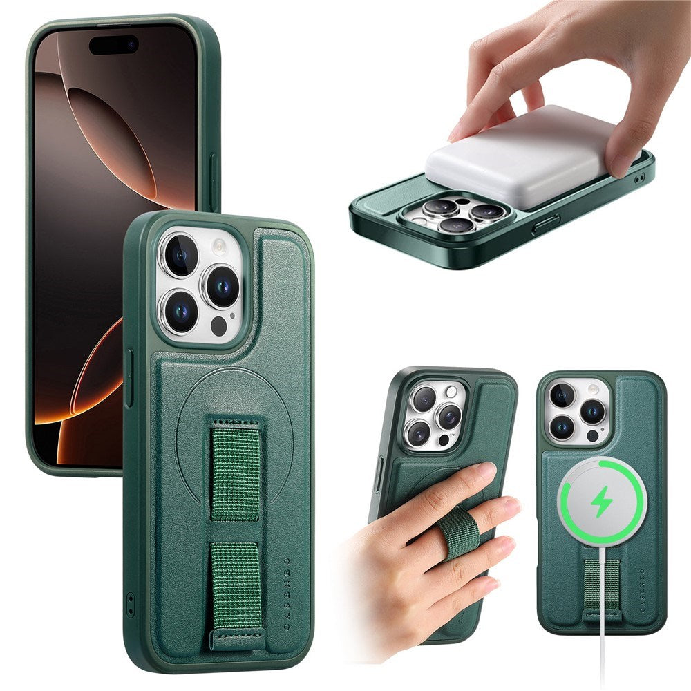 iPhone 13 Pro Hard Plastic Case with Faux Leather Back & Finger Strap - MagSafe Compatible - Green