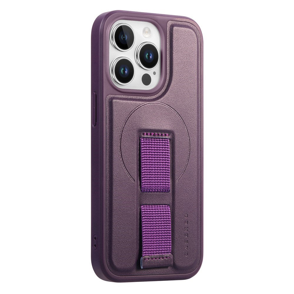iPhone 13 Pro Hard Plastic Case with Faux Leather Back & Finger Strap - MagSafe Compatible - Purple
