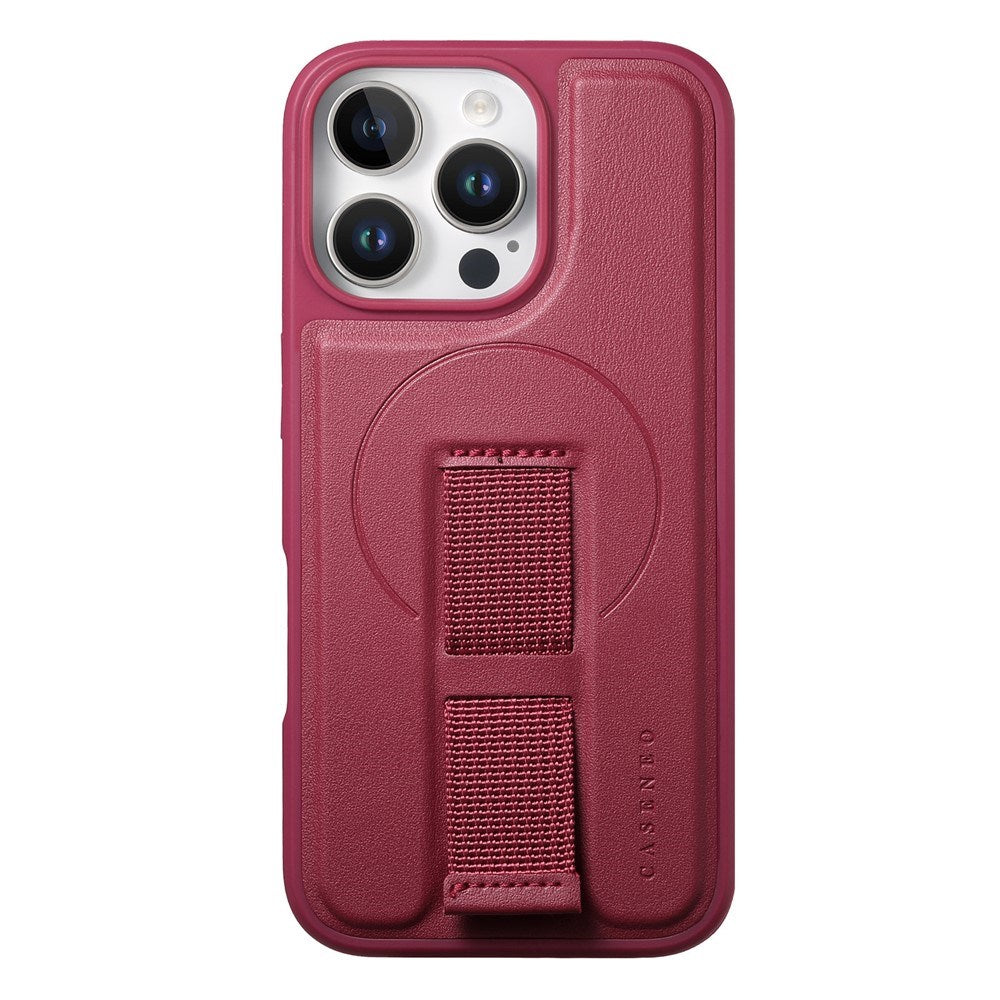 iPhone 13 Pro Hard Plastic Case with Faux Leather Back & Finger Strap - MagSafe Compatible - Red