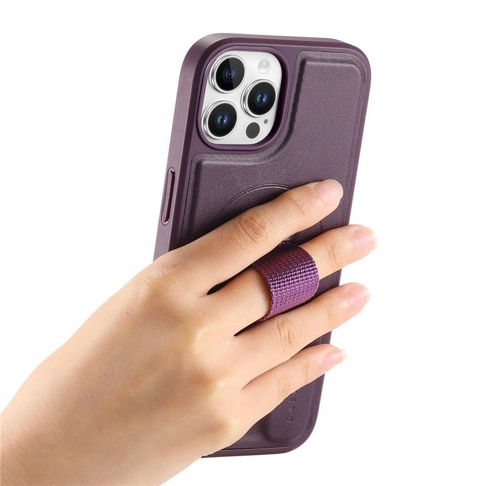 iPhone 12 / 12 Pro Hard Plastic Case with Faux Leather Back & Finger Strap - MagSafe Compatible - Purple