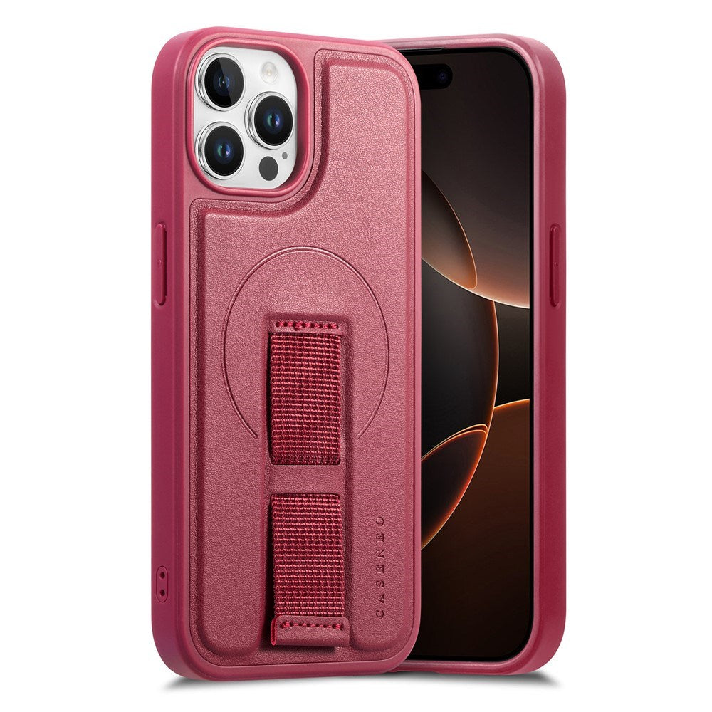 iPhone 12 / 12 Pro Hard Plastic Case with Faux Leather Back & Finger Strap - MagSafe Compatible - Red