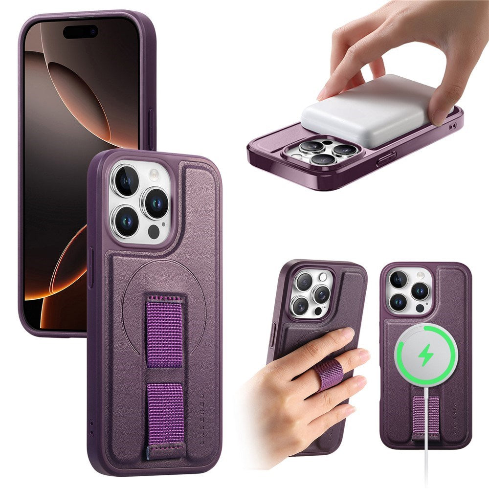 iPhone 15 Pro Hard Plastic Case with Faux Leather Back & Finger Strap - MagSafe Compatible - Purple