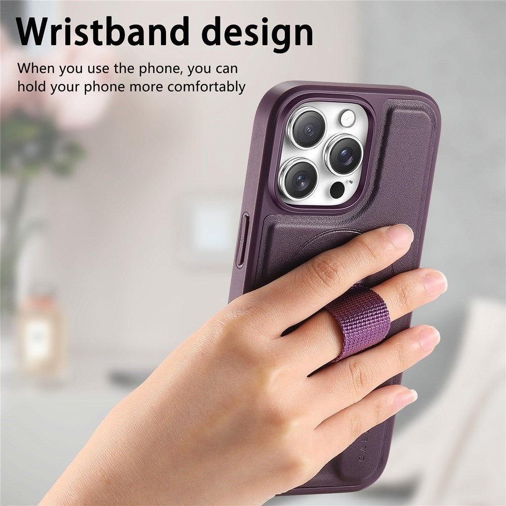 iPhone 15 Pro Hard Plastic Case with Faux Leather Back & Finger Strap - MagSafe Compatible - Purple