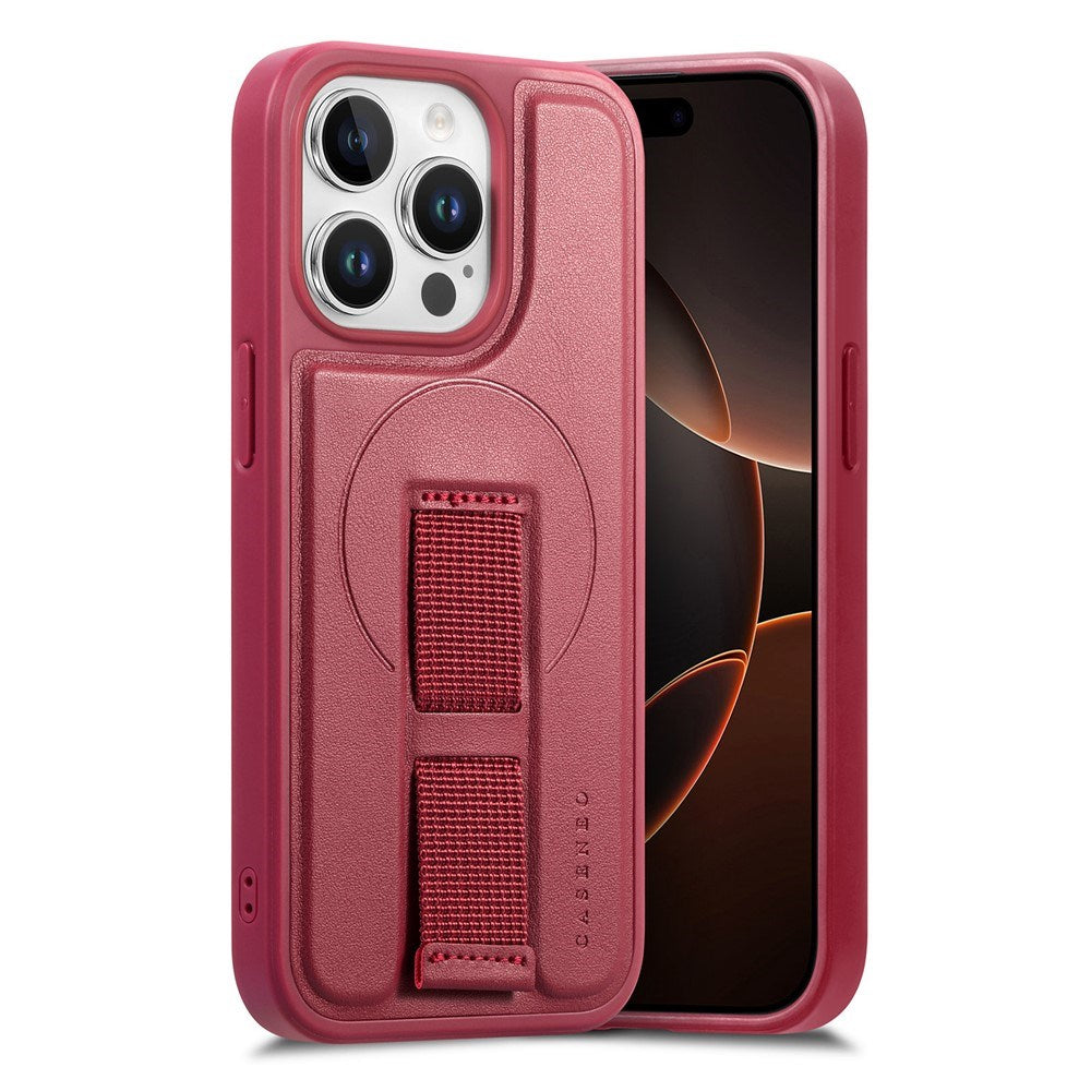 iPhone 15 Pro Hard Plastic Case with Faux Leather Back & Finger Strap - MagSafe Compatible - Red