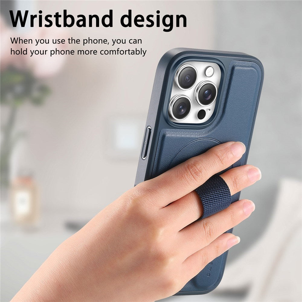 iPhone 15 Pro Hard Plastic Case with Faux Leather Back & Finger Strap - MagSafe Compatible - Blue