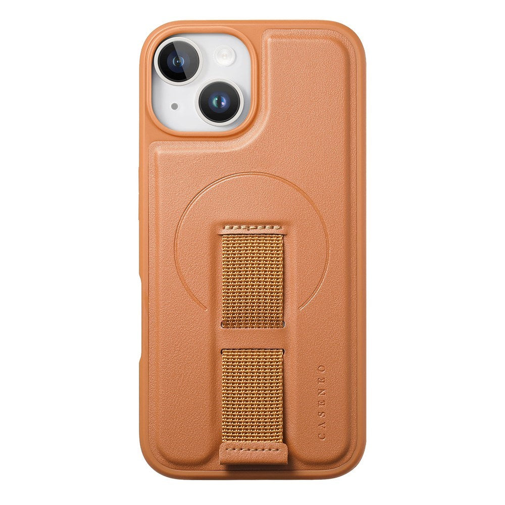 iPhone 15 Hard Plastic Case with Faux Leather Back & Finger Strap - MagSafe Compatible - Brown