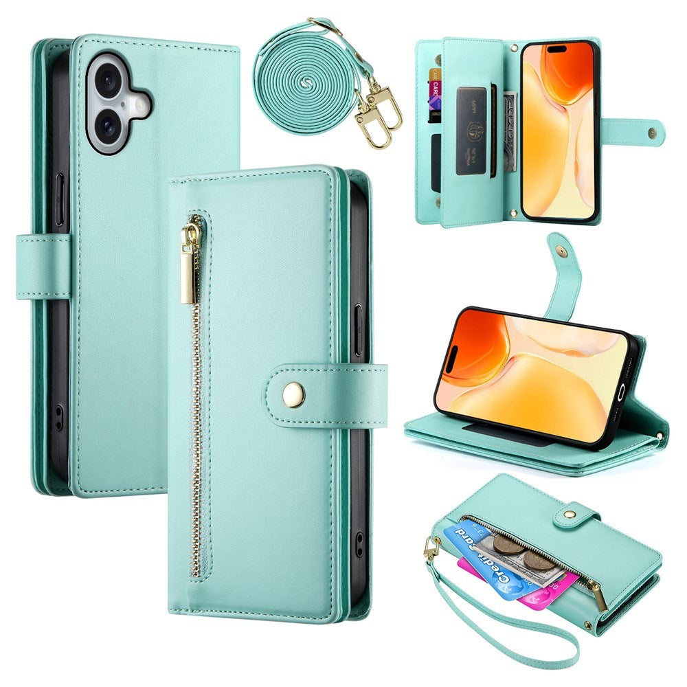 EIDERWOOD iPhone 17 Flip Case with Card Holder / Zipper Pocket / Strap - Turquoise