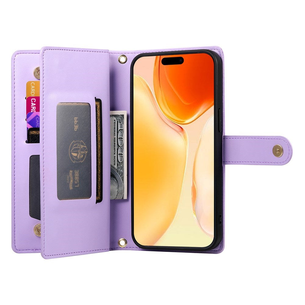 EIDERWOOD iPhone 17 Flip Case with Card Holder / Zipper Pocket / Strap - Purple
