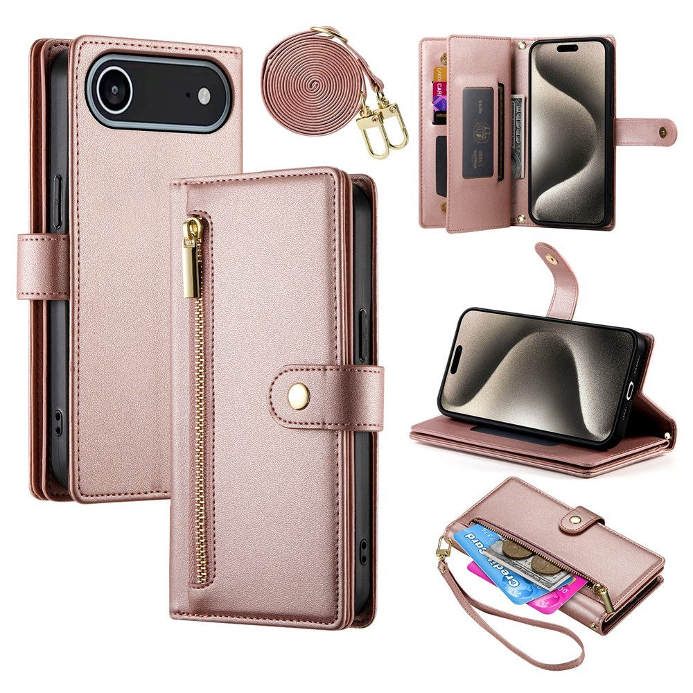EIDERWOOD iPhone Air Flip Case with Card Holder / Zipper Pocket / Strap - Rose Gold