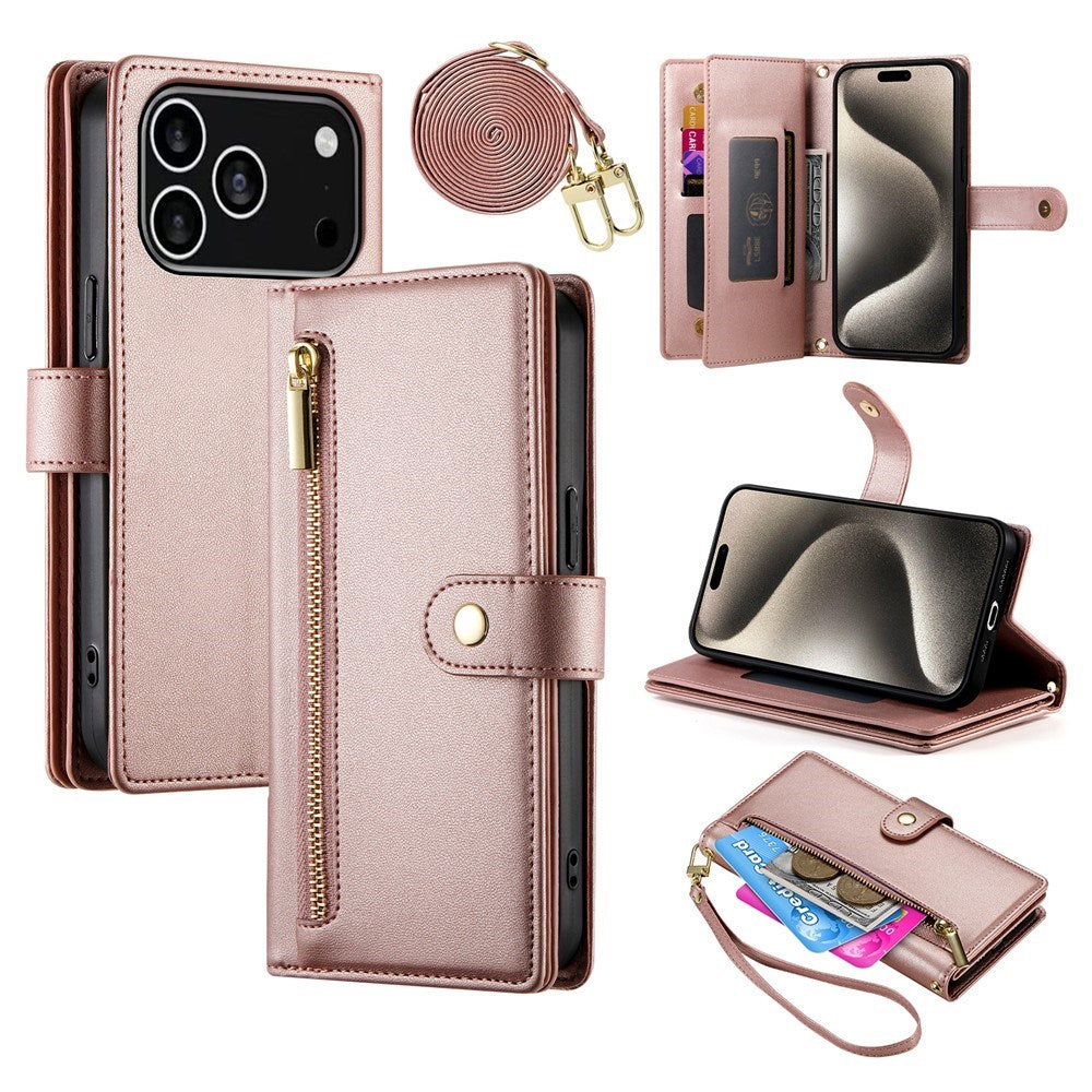 EIDERWOOD iPhone 17 Pro Flip Case with Card Holder / Zipper Pocket / Strap - Rose Gold