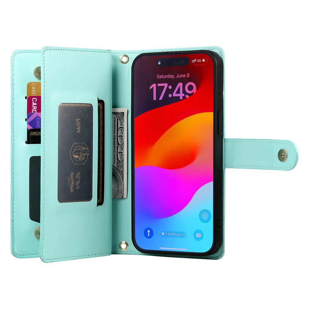 EIDERWOOD iPhone 17 Pro Flip Case with Card Holder / Zipper Pocket / Strap - Turquoise