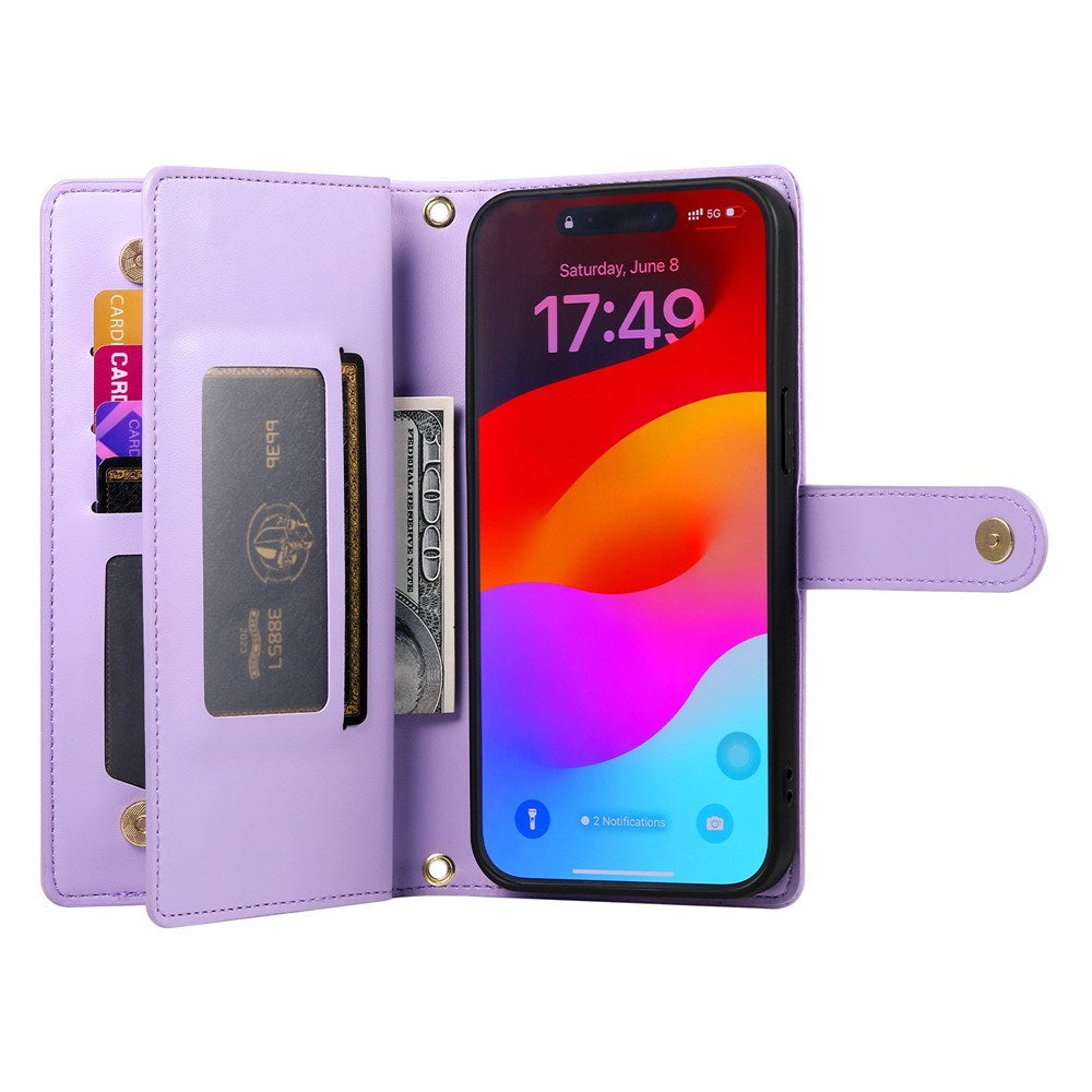EIDERWOOD iPhone 17 Pro Flip Case with Card Holder / Zipper Pocket / Strap - Purple